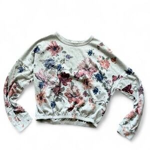 Live In The Moment Women's L Gray Floral Long Sleeve Cropped Sweatshirt Top